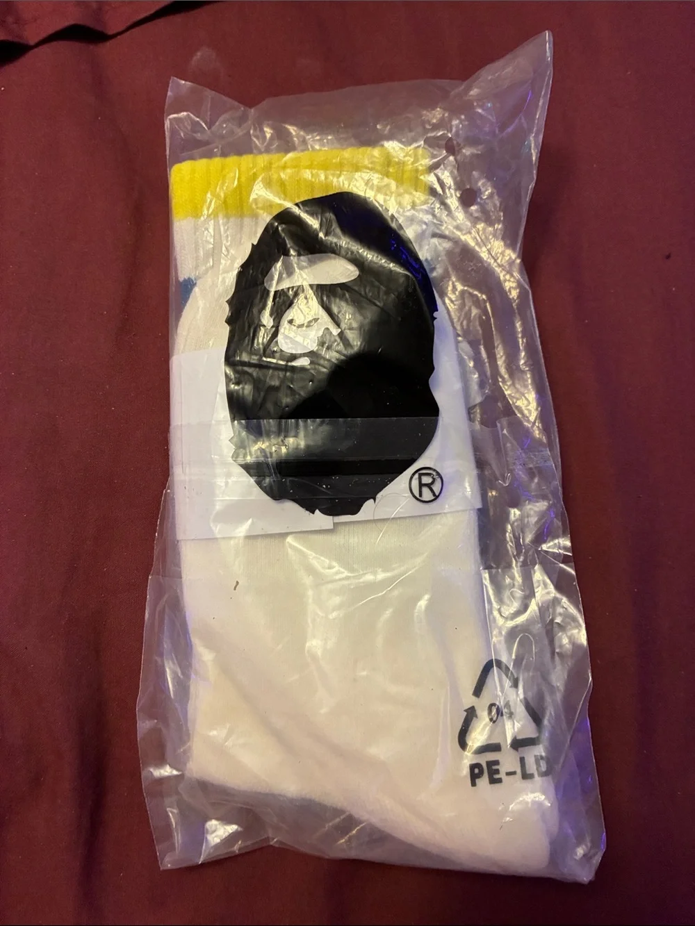 A Bathing Ape White Athletic Crew Socks with Yellow & Navy Stripe Accents